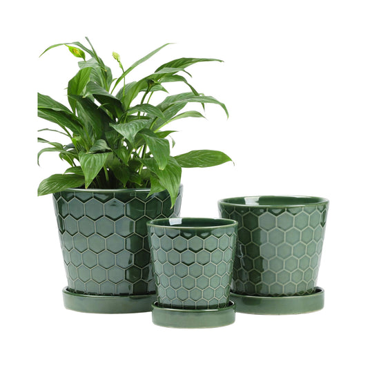 Green Ceramic Planters Set with Drainage Hole for Home Decor